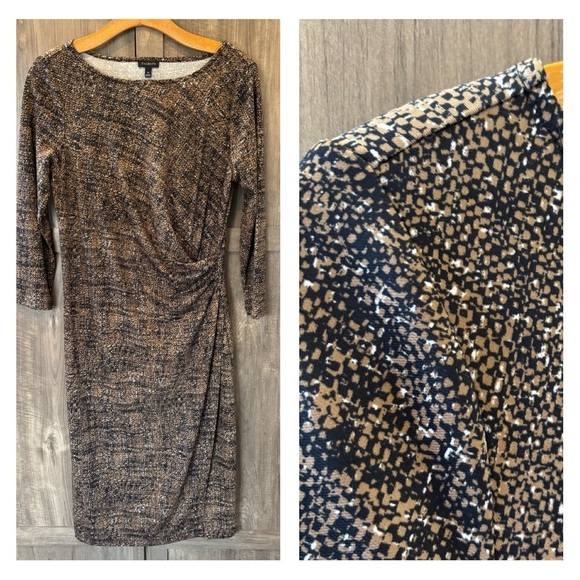 Talbots Medium Faux Wrap Jersey Dress Black Brown 3/4 sleeves - Picture 1 of 12